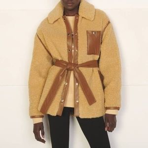 Sandro Leather-Trim Teddy Coat